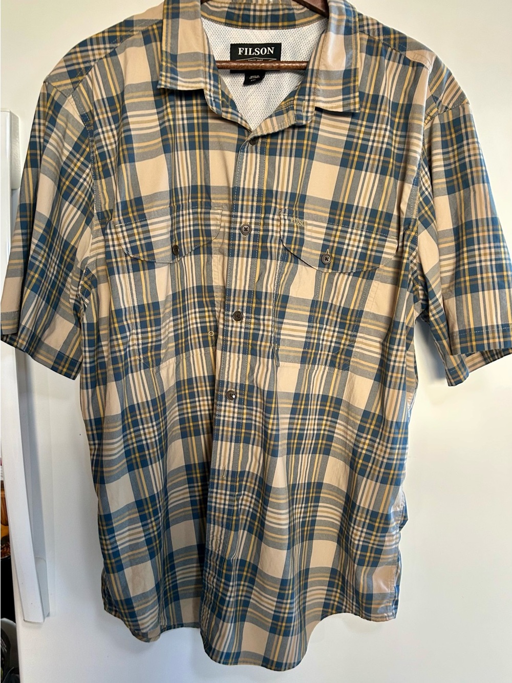 Poncho Filson Short Sleeve Plaid Western Shirt Navy Tan Size 2XL